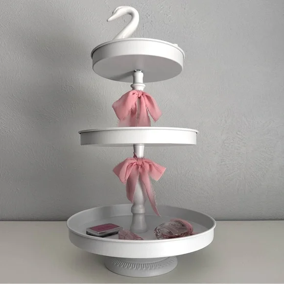 White Three-Tiered Stand with Pink Silk Bow Accents - Picture 4 of 10